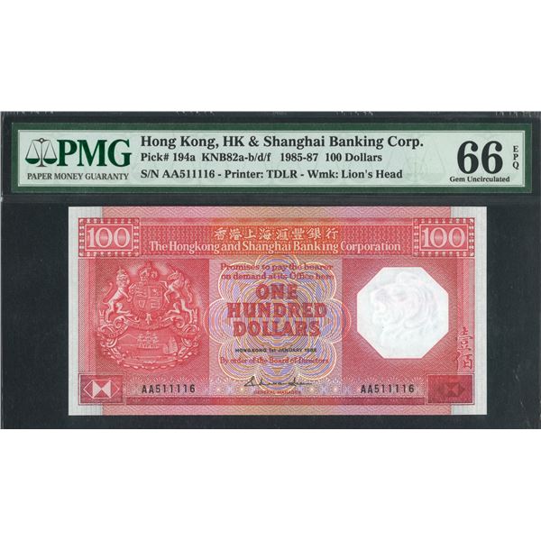 HK & Shanghai Banking Corp., 1985, $100, AA511116. PMG 66EPQ. First AA Prefix.