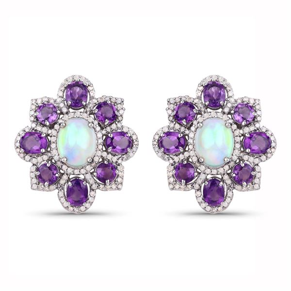 Opal, Amethyst, and Diamond Retro Button Earrings