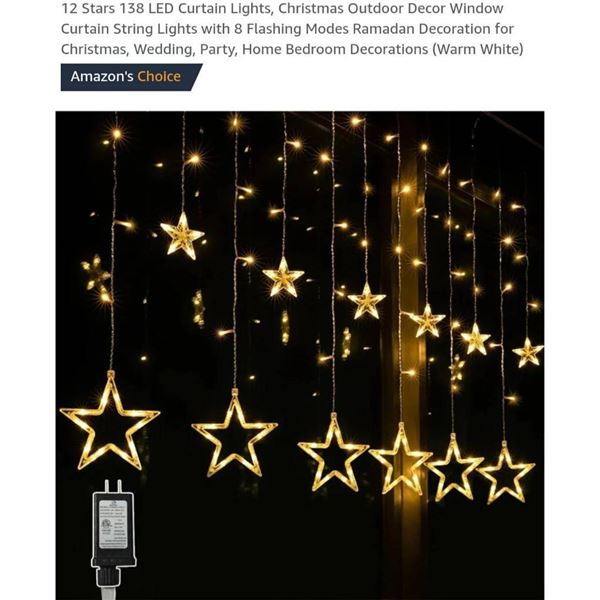 LED Star Curtain Lights, 138 LEDs, 8 Modes, Warm White, IP44 Waterproof, 2M Length