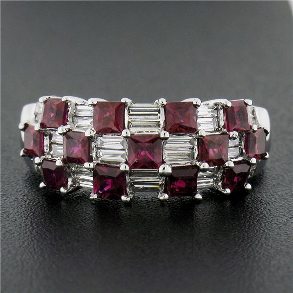 18K White Gold 2.65 ctw Square Ruby & Baguette Diamond Checkerboard Cocktail Rin