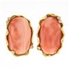 Large 14K Gold Oval Cabochon Coral w/ Diamond Textured Freeform Frame Earrings