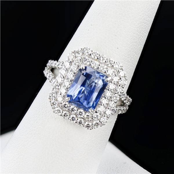 3.00 ctw Blue Sapphire and 1.38 ctw Diamond 18K White Gold Ring (GIA CERTIFIED)