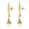 Image 3 : 14K Yellow Gold Grooved Textured Wing Feather White Pearl Drop Dangle Earrings