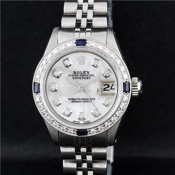 Rolex Ladies Quickset Stainless Steel White Diamond And Sapphire Datejust Wristw