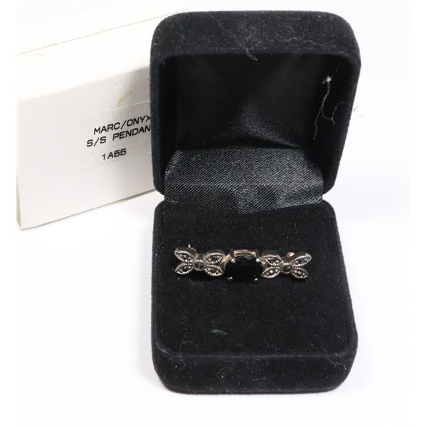 STAMPED 925 JC MARCASITE AND ONYX BROOCH