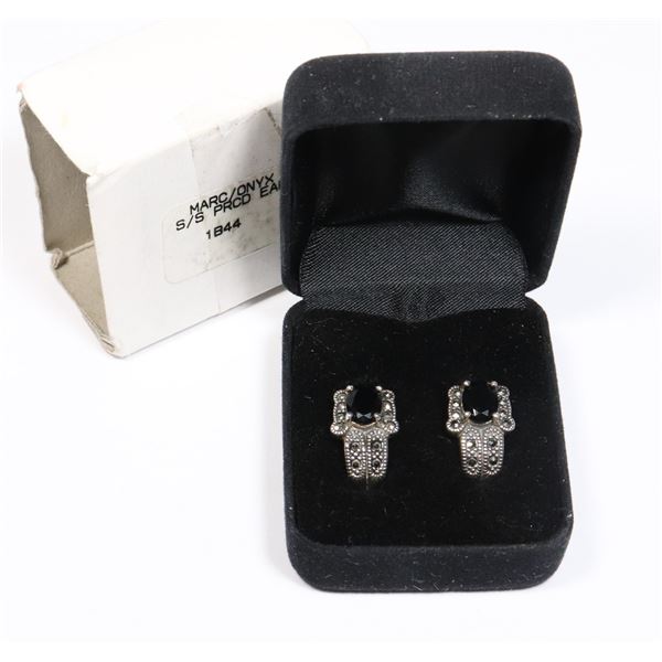 STAMPED 925 JC MARCASITE AND ONYX STUD EARRINGS