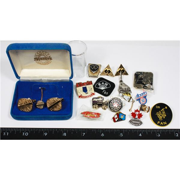 LOT OF MENS JEWELRY AND PINS INCLUDING CUFFLINKS