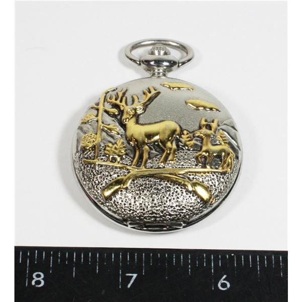 QUARTZ DEER HUNTING DESIGN POCKET WATCH NO CHAIN