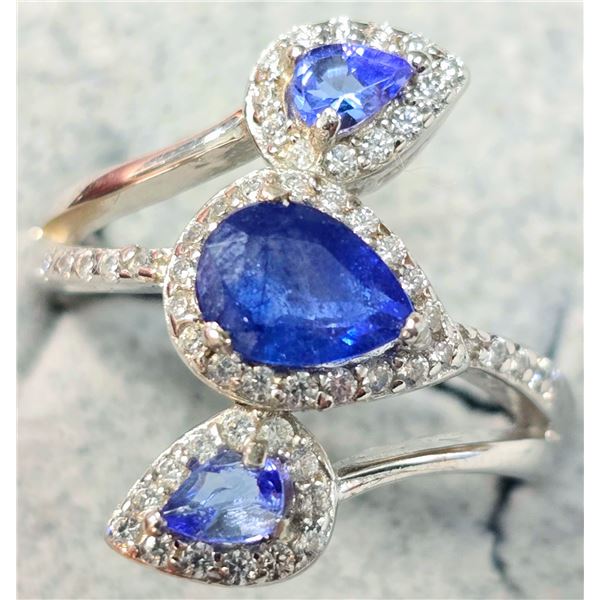 SILVER SAPPHIRE AND CZ RING (~SIZE 7.25)