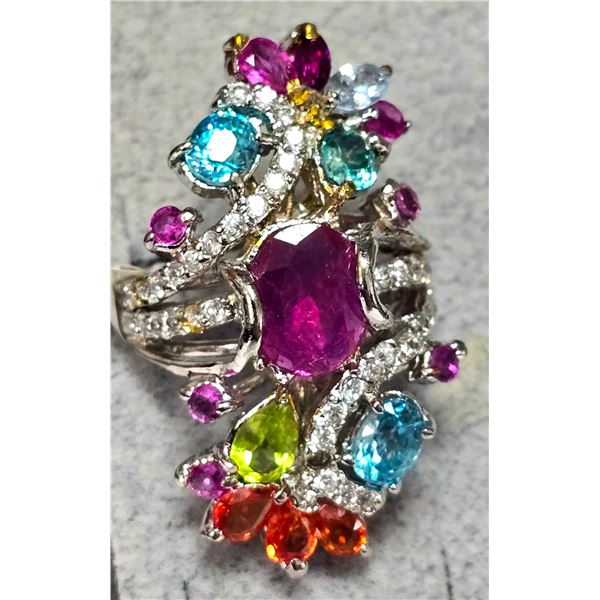 SILVER RUBY SAPPHIRE ZIRCON ETC 9G RING (~SIZE 5)