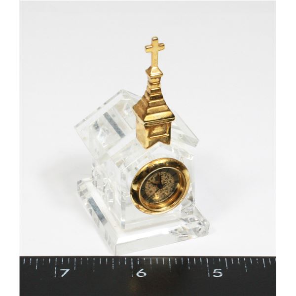 GLASS CHURCH TABLE CLOCK. HAS CHIP AND CRACK