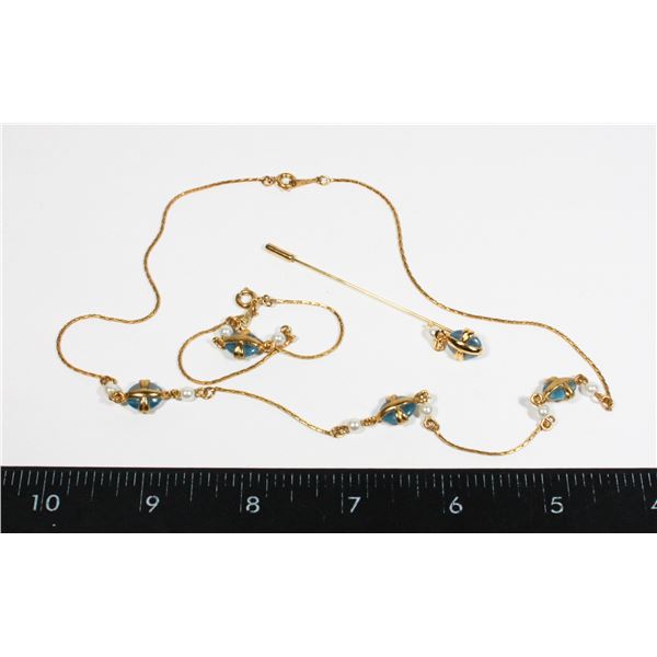 GOLD TONE NECKLACE, BRACELET AND STICK PIN SET