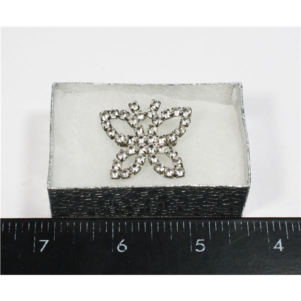 RHINESTONE SILVER TONE BUTTERFLY BROOCH