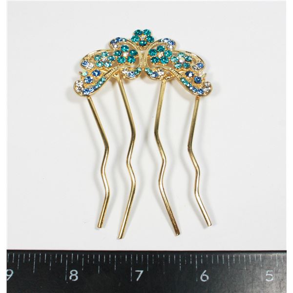 VINTAGE GOLD TONE AND BLUE FLORAL HAIR COMB
