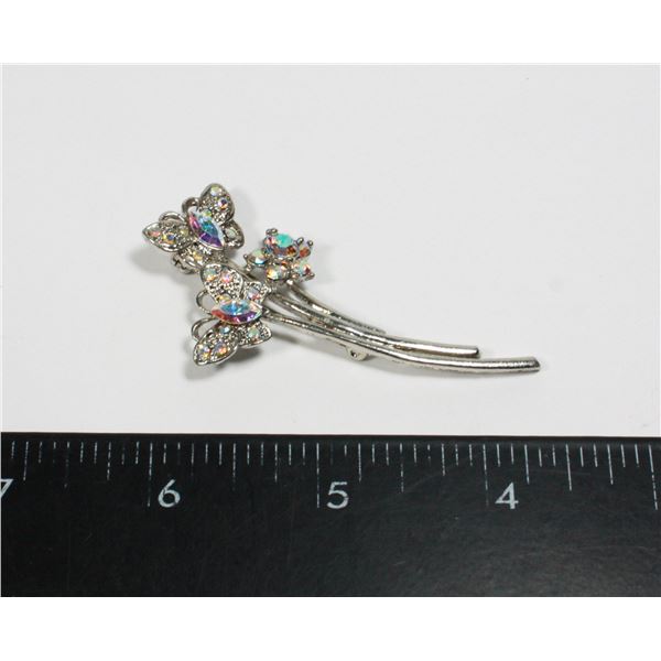 VINTAGE SILVER TONE RHINESTONE BUTTERFLY FLOWER