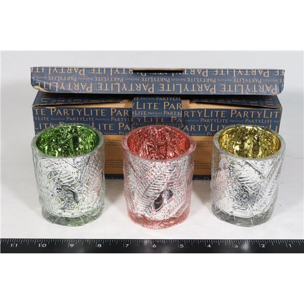 PARTYLITE GLASS PALM TEALIGHT TRIO