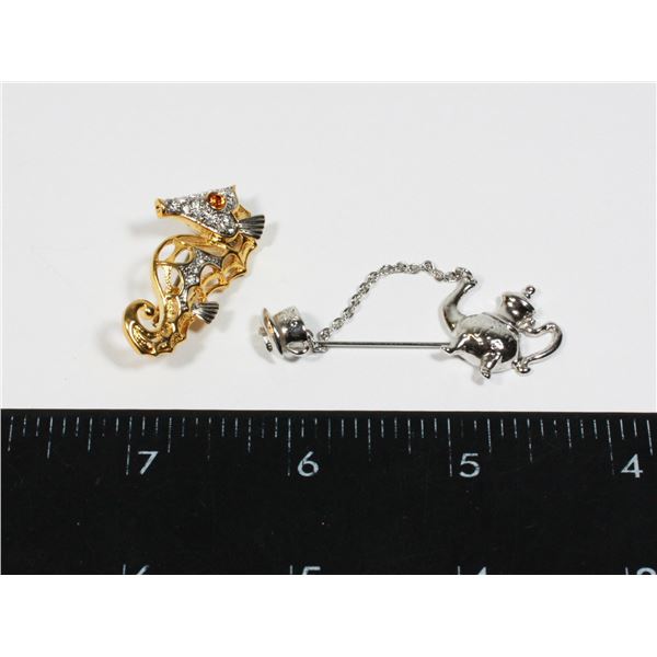AVON TEAPOT PIN AND RHINESTONE SEAHORSE