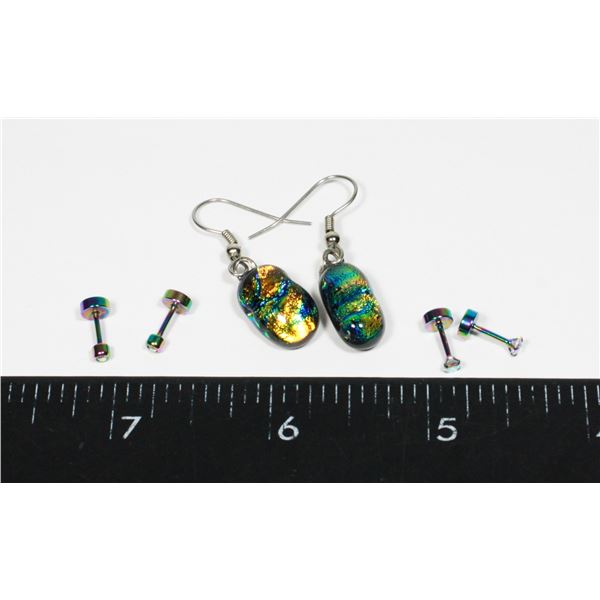 3 PAIRS OF RAINBOW EFFECT EARRINGS. 2 PAIRS STUD