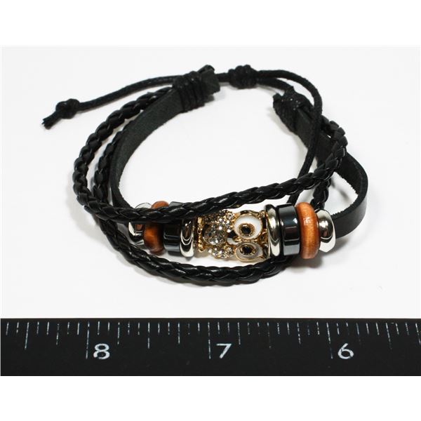 NEW FAUX LEATHER ZIRCONIA OWL ADJUSTABLE BRACELET
