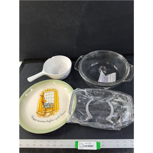 Assorted Glassware. Anchor Casserole Dish, Hollie Hobbie Plate, Corningware and Serving Dish Stand