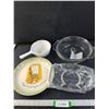 Image 1 : Assorted Glassware. Anchor Casserole Dish, Hollie Hobbie Plate, Corningware and Serving Dish Stand