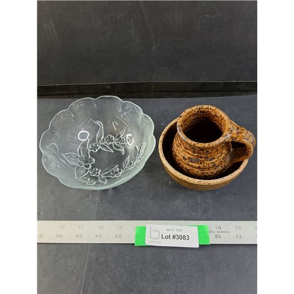 Pottery Pot with Bowl and Glass Dish