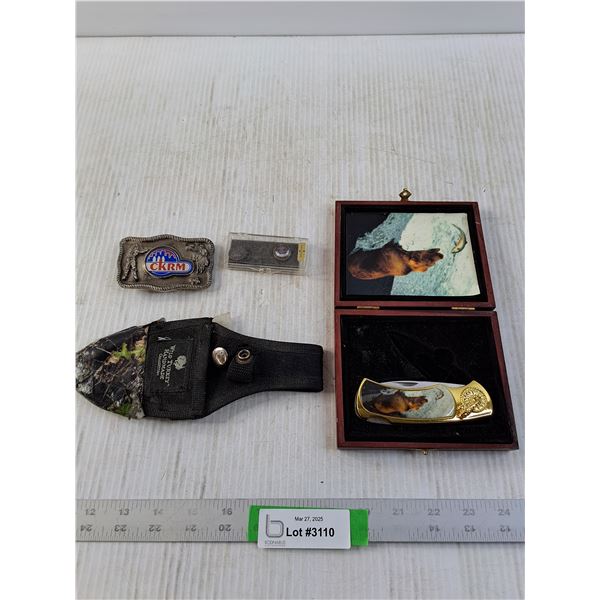 Knife in Case, Knife Sheath, CKRM Belt Buckle and a Couple of Pins
