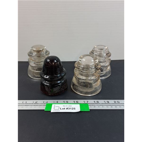 (4) Glass Insulators: Clear & Brown