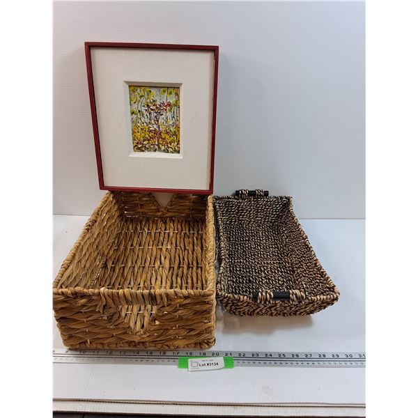(2) Straw Baskets - 20" x 12" x 6" & Floral Painting in Frame - 12" x 15"