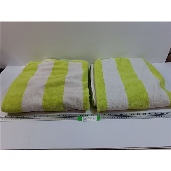 (2) Green & White Striped Bath Towels