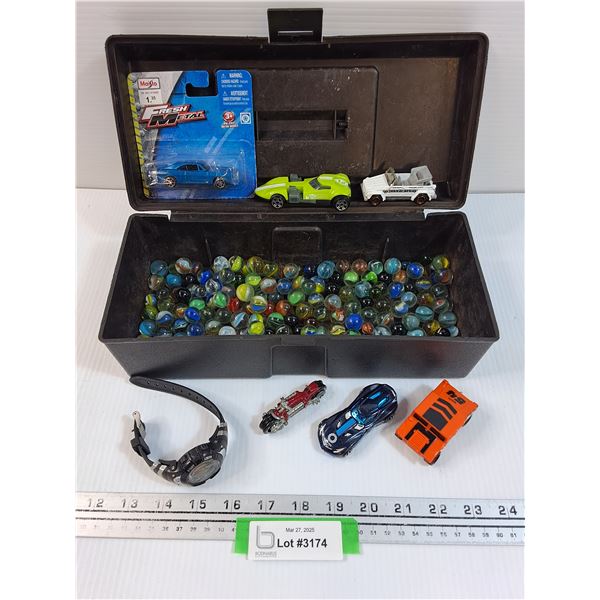 Plastic Tool Box w/(6) Die Cast Vehicles - Assorted, Watch & Marbles