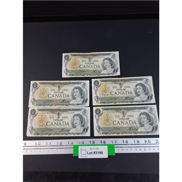 (5) Canadian One Dollar Bills: 1973