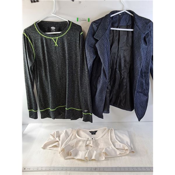 Small Material jacket, Large Maurices Womans Shirt and 2X Michel Studio Womans Shirt