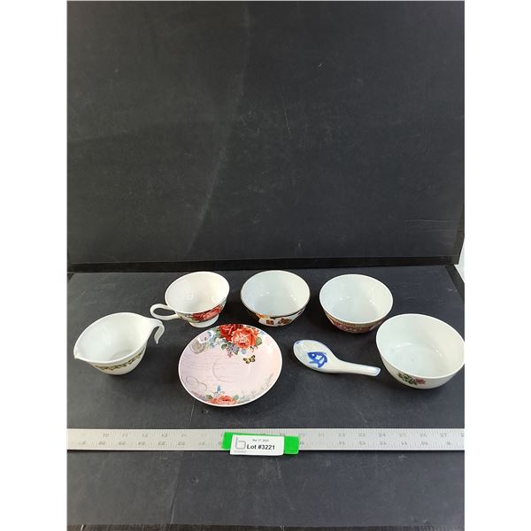 Assorted Finger Bowls, Cream Bowl, Saucer and Soup Spoon