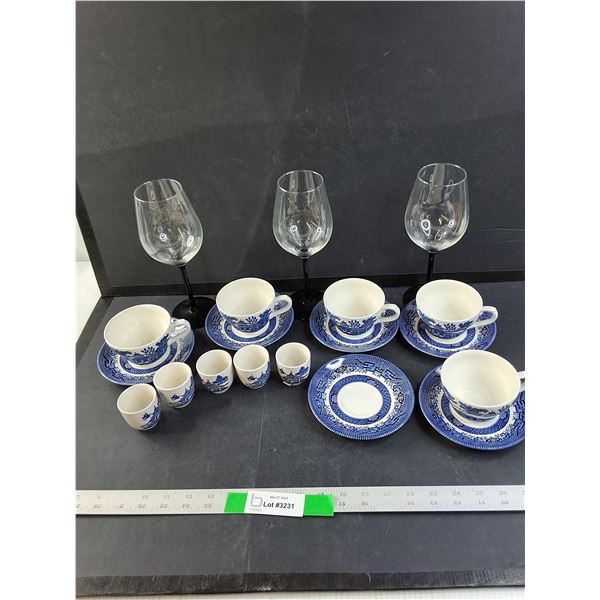 Wine Glasses, Tea Cups and Saucers, Saki Glasses and One Extra saucer