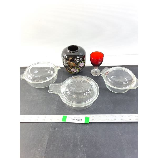 Pyrex Dishes with Lids, Vase and a Cocktail Cup