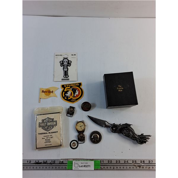 Harley Davidson Thermal Blanket, Motorcycle Folding Knive, Stamper Watch, Sturgis Shirt Pin and Misc