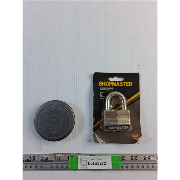 Shopmaster Laminated Padlock and Porsche Hubcap Central Piece