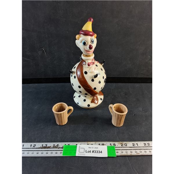 Ceramic Clown Liquor Decanter and (2) Liquor Shot Glasses