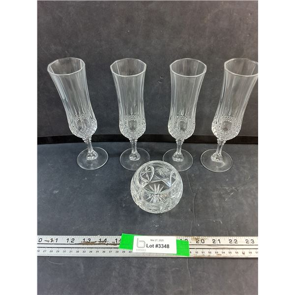 (4) Glass Goblets and Candy Bowl