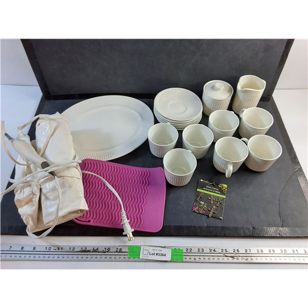 Metal Charms, Sunbeam Heating Pad and Dish Set - Dining Plates, Coasters, Cups and Cream & Sugar