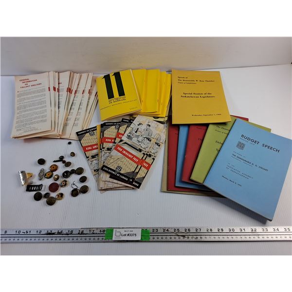 Emergency Brochures, Vintage Canadian Shirt Pins and Saskatchewan Assembly Speech Books