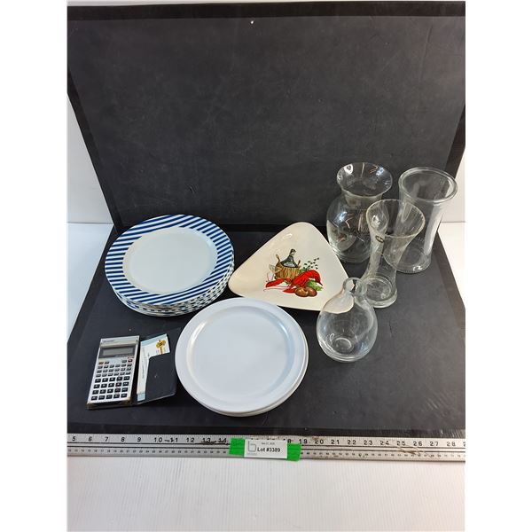 (4) Glass Flower Vases, Sharp Calculator and Plastic & Ceramic Dining Plates