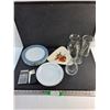 Image 1 : (4) Glass Flower Vases, Sharp Calculator and Plastic & Ceramic Dining Plates