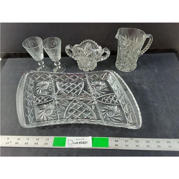 Glass Lot- (2) Liquor Glasses, Pitcher, Sugar Bowl, Tray