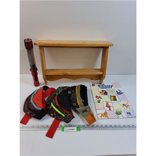 (3) Designer Fanny Packs, Snap-on Light (Works), Wooden Display Shelf, Disney Paino Book