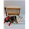 Image 1 : (3) Designer Fanny Packs, Snap-on Light (Works), Wooden Display Shelf, Disney Paino Book