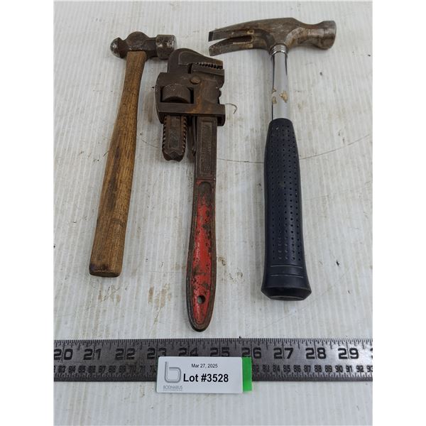 (3) Hand Tools (Hammers & Pipe Wrench)