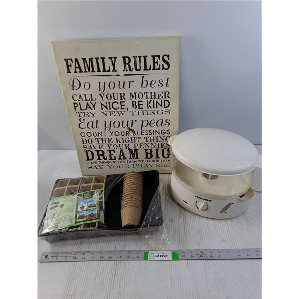Black and Decker Food Steamer, FamilyRules sign and Seed Starter kit