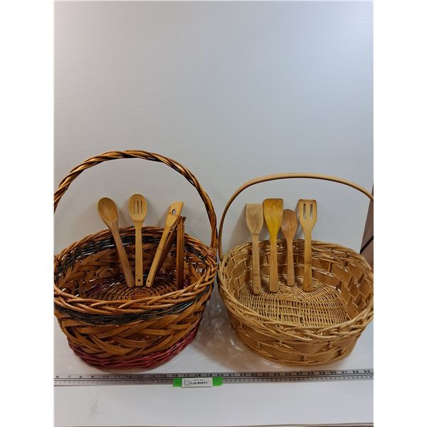 (2) Wicker Baskets & (8) Wooden Kitchen Utensils